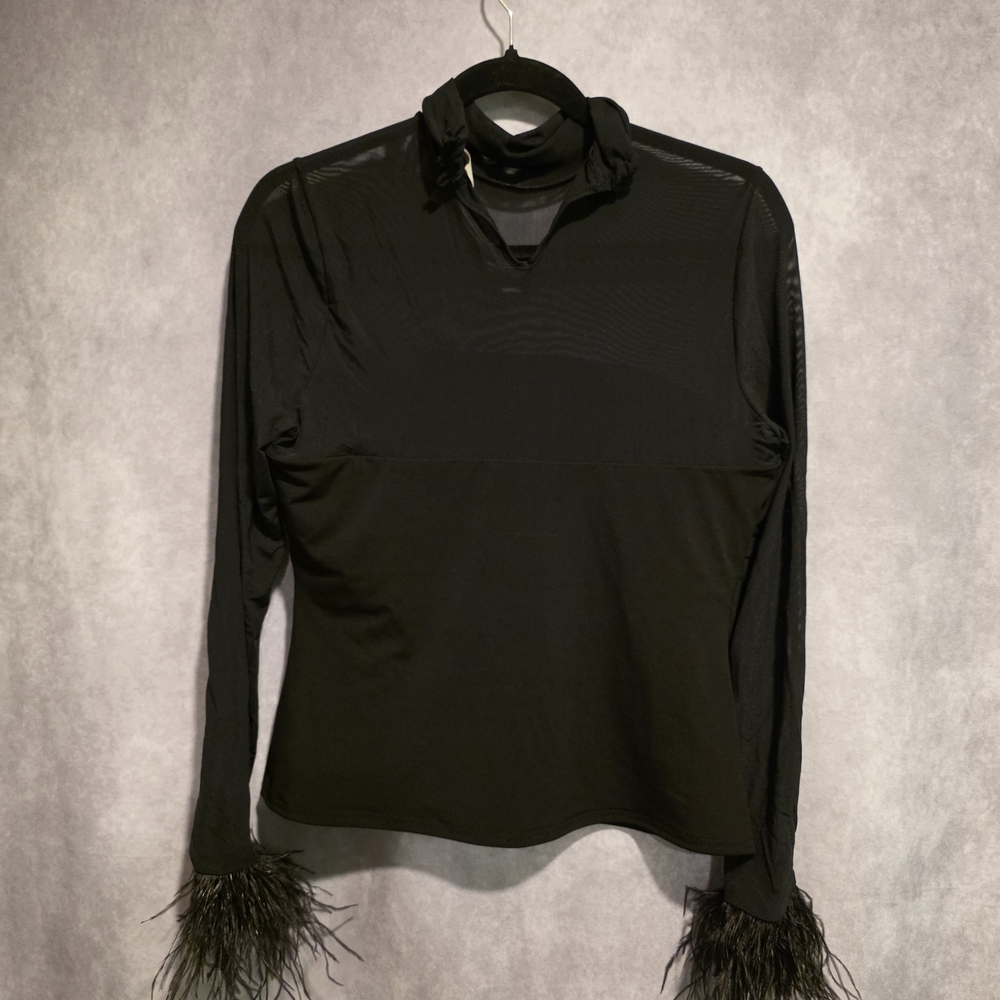 Cinq à Sept Black Mesh Feather Cuff Top - Picture 2 of 10